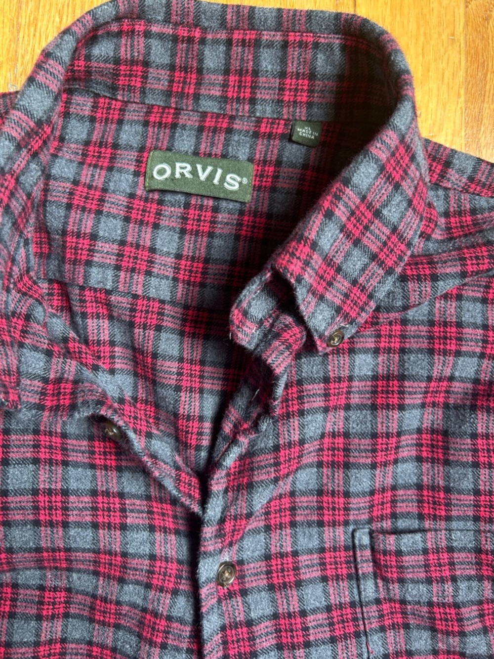 Orvis Men's Red and Gray Plaid Luxury Flannel Button-Down Shirt
